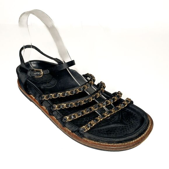 Chanel Interlocking CC Satin Chain Flat Dad Sandals EU 38.5 US 7.5-8 Black Gold - Picture 2 of 12